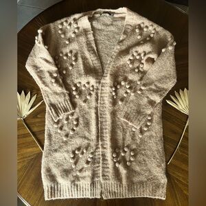 Women's Beige Neutral Long Cardigan Sweater with Chunky Heart Pom Pom Design